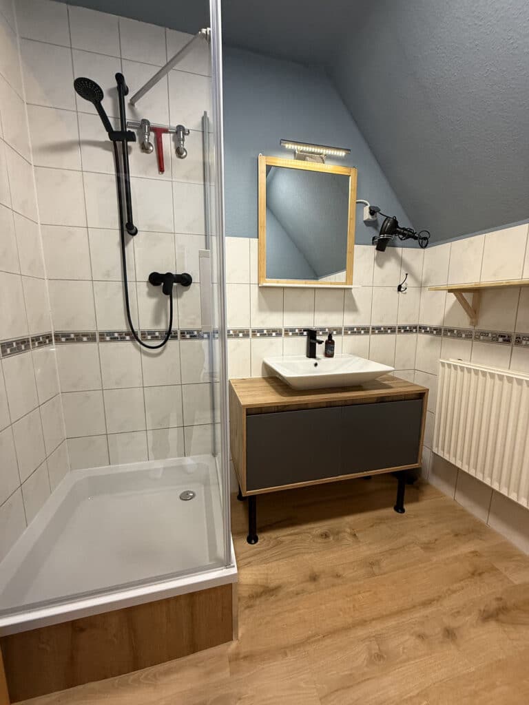 Badezimmer Ferienwohnung Wikingerwohnung Ostsee Lindenhof Reitferien